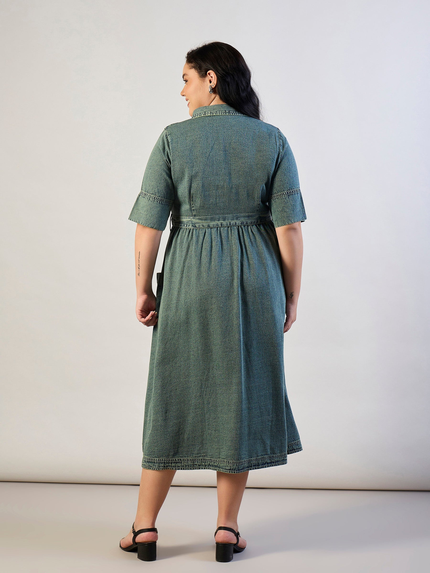Olive Tencel Front Button Midi Dress-SASSAFRAS CURVE