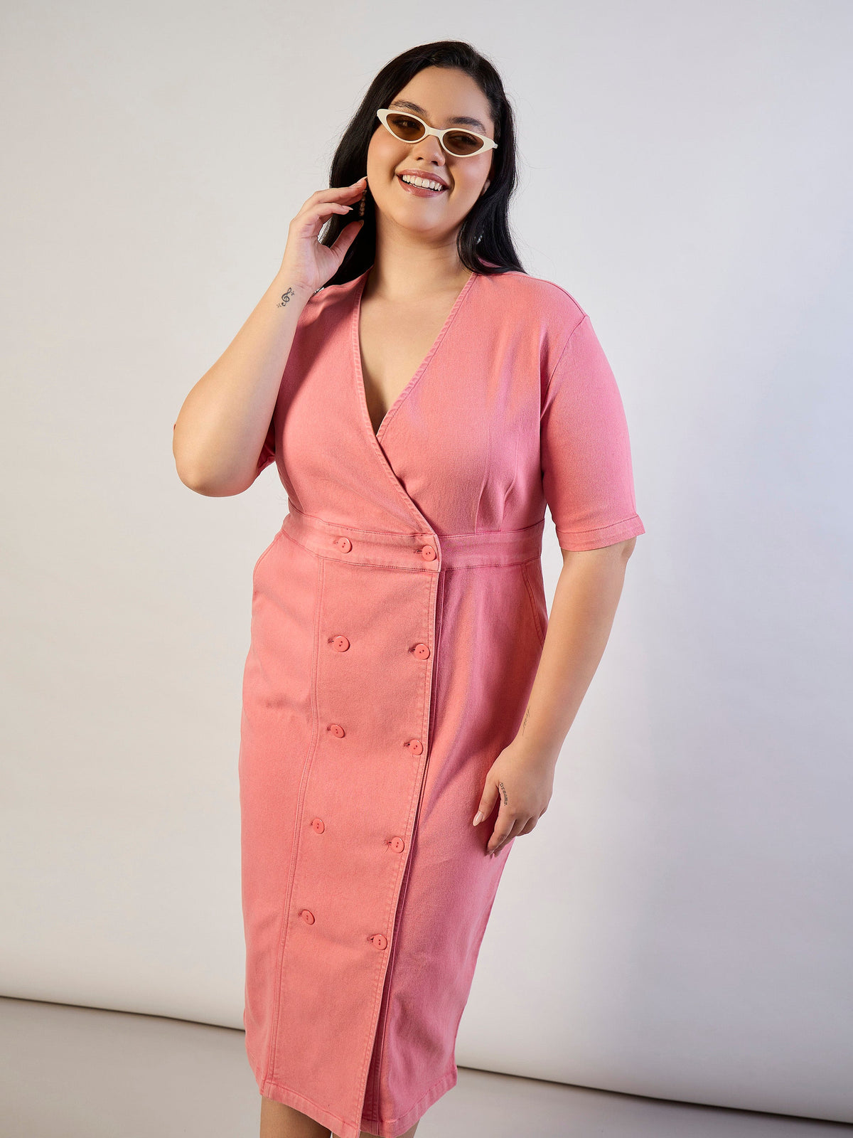 Pink Denim Wrap Neck Midi Dress-SASSAFRAS CURVE