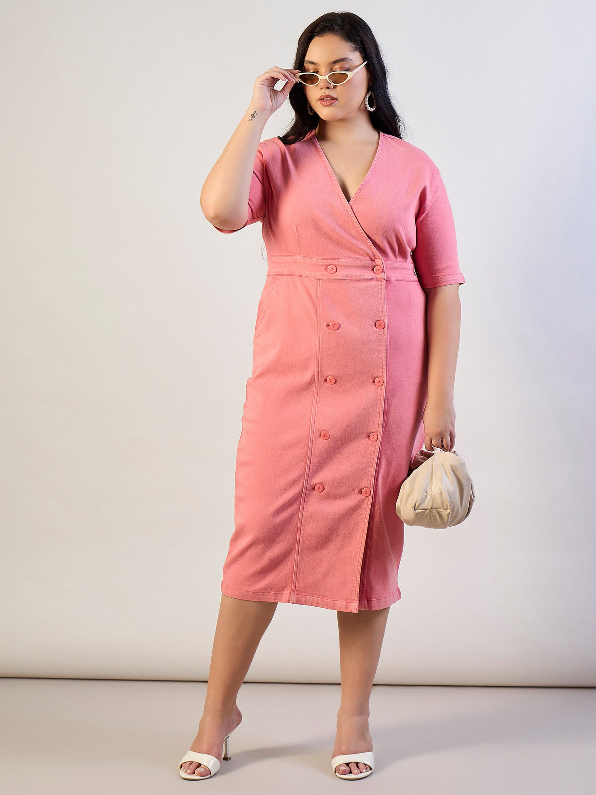 Pink Denim Wrap Neck Midi Dress-SASSAFRAS CURVE