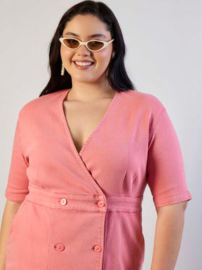 Pink Denim Wrap Neck Midi Dress-SASSAFRAS CURVE