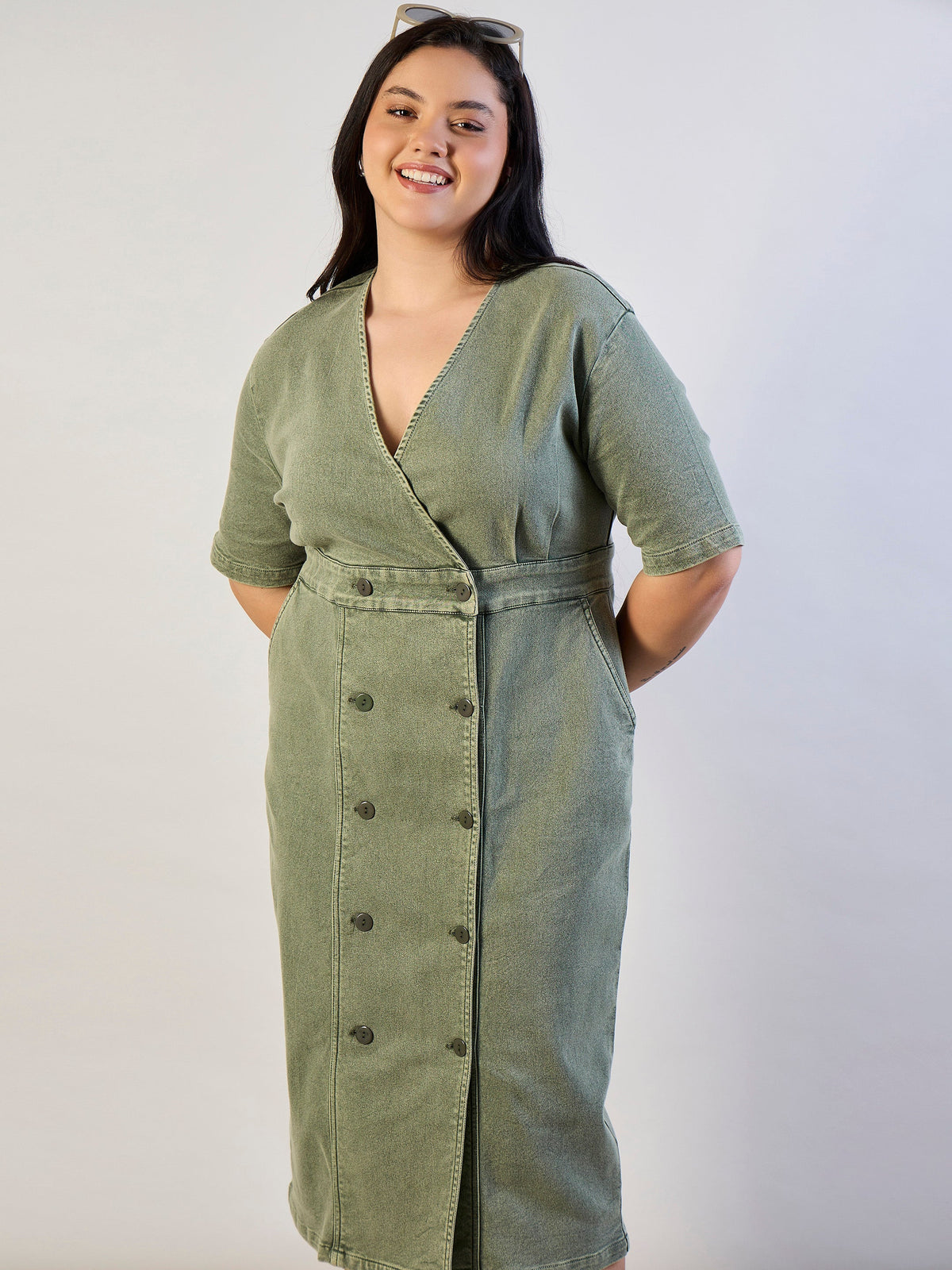 Olive Denim Wrap Neck Midi Dress-SASSAFRAS CURVE