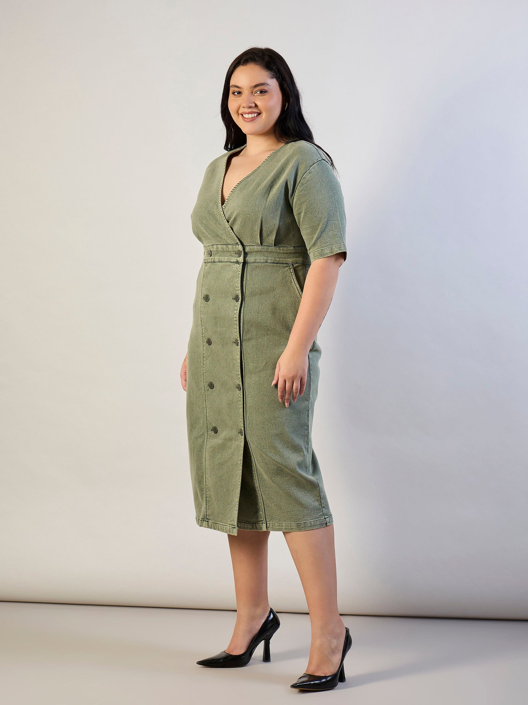 Olive Denim Wrap Neck Midi Dress-SASSAFRAS CURVE