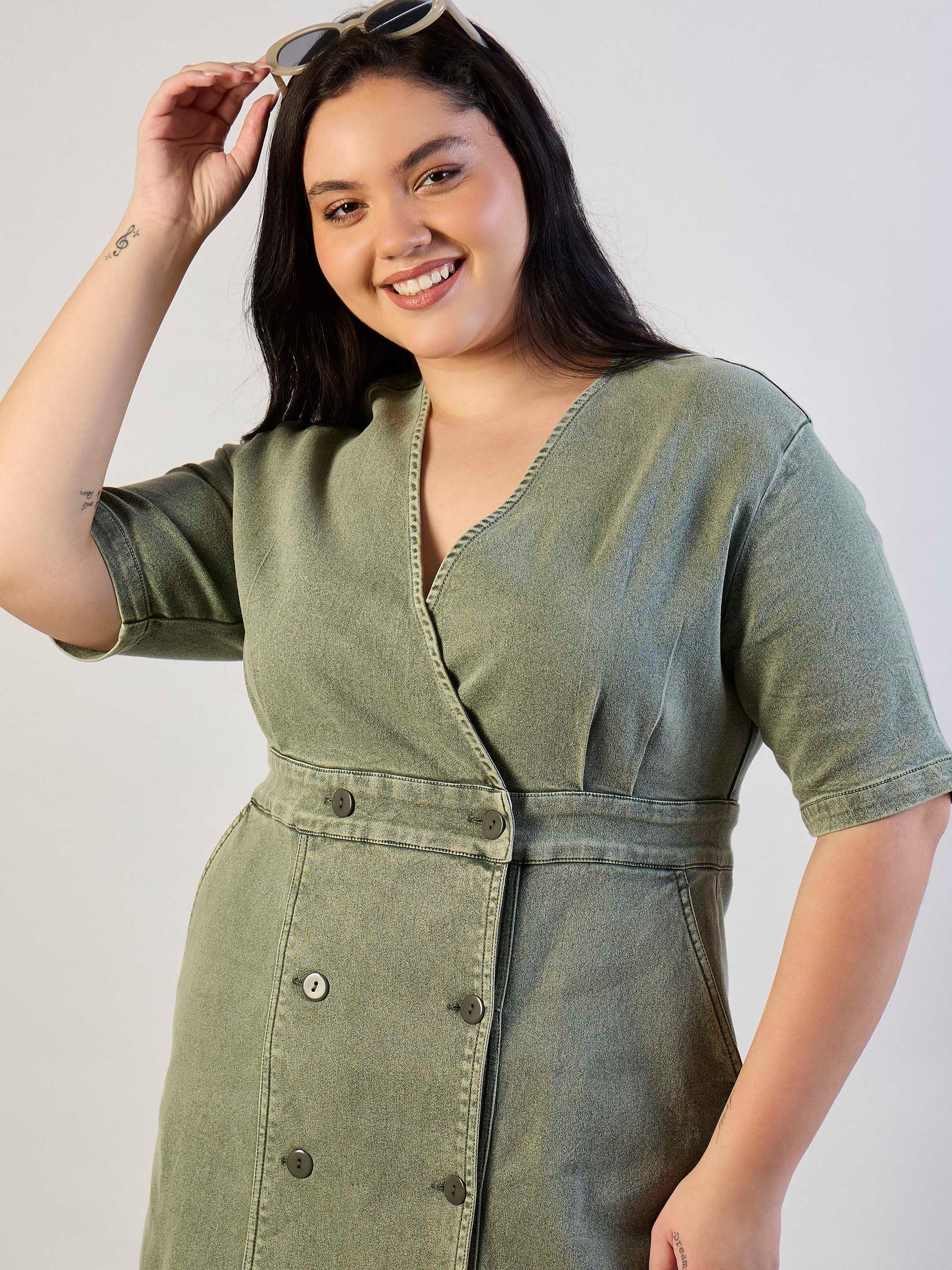 Olive Denim Wrap Neck Midi Dress-SASSAFRAS CURVE