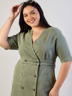 Olive Denim Wrap Neck Midi Dress-SASSAFRAS CURVE