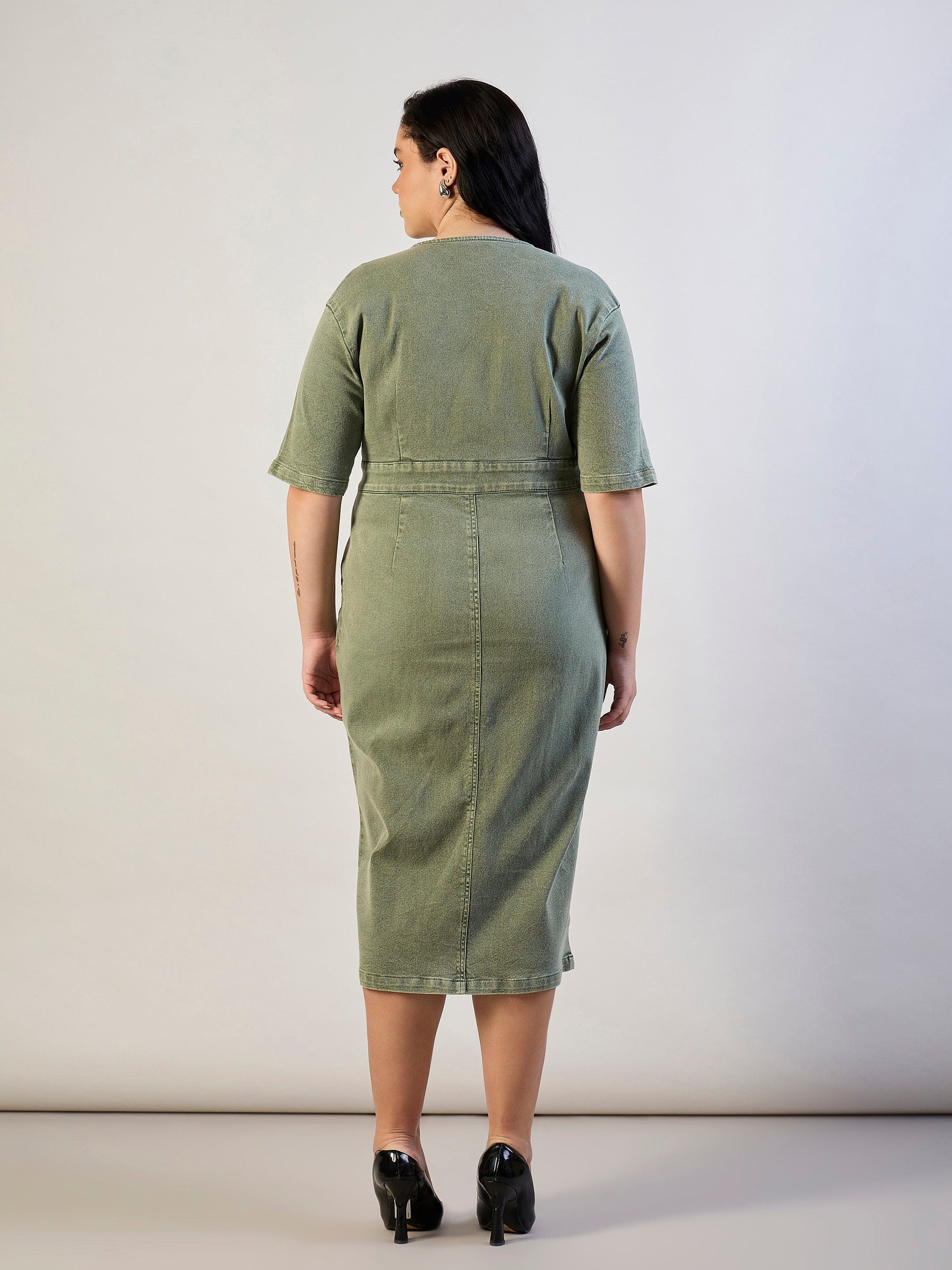 Olive Denim Wrap Neck Midi Dress-SASSAFRAS CURVE