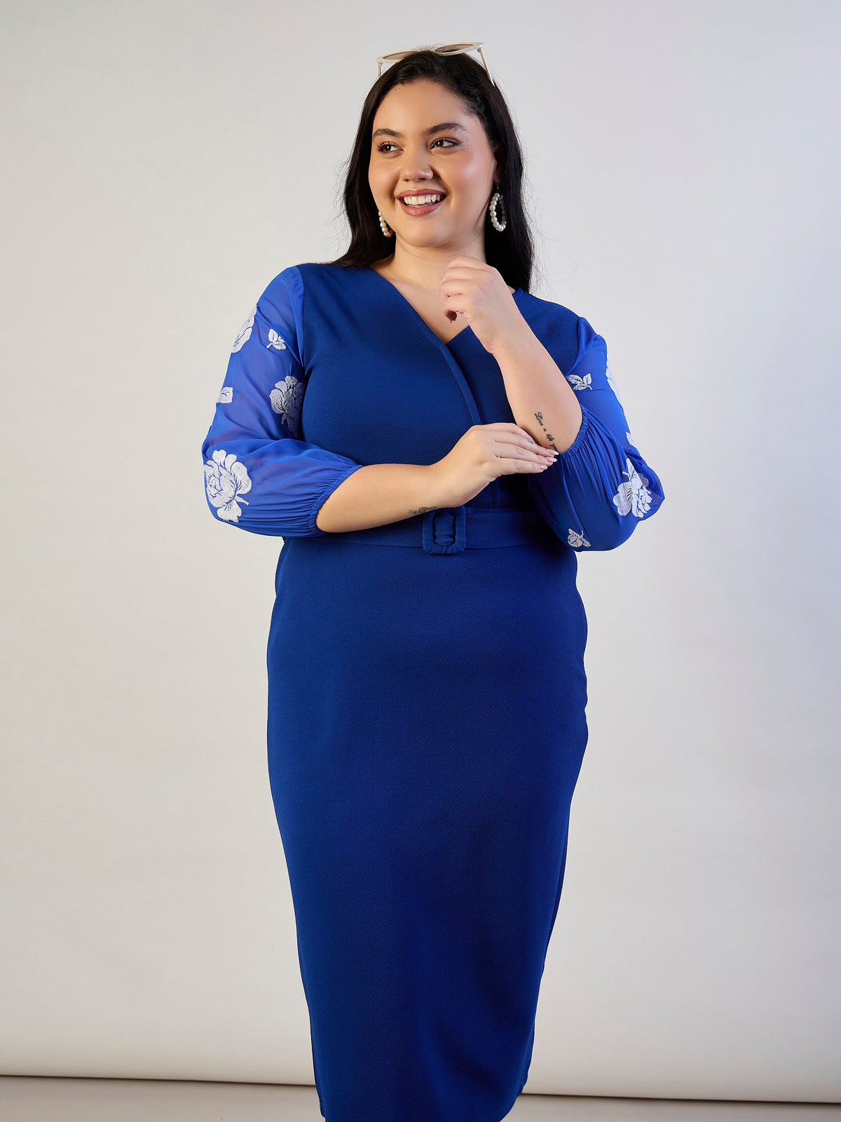 Royal Blue Balloon Sleeves Belted Bodycon Dress-SASSAFRAS CURVE