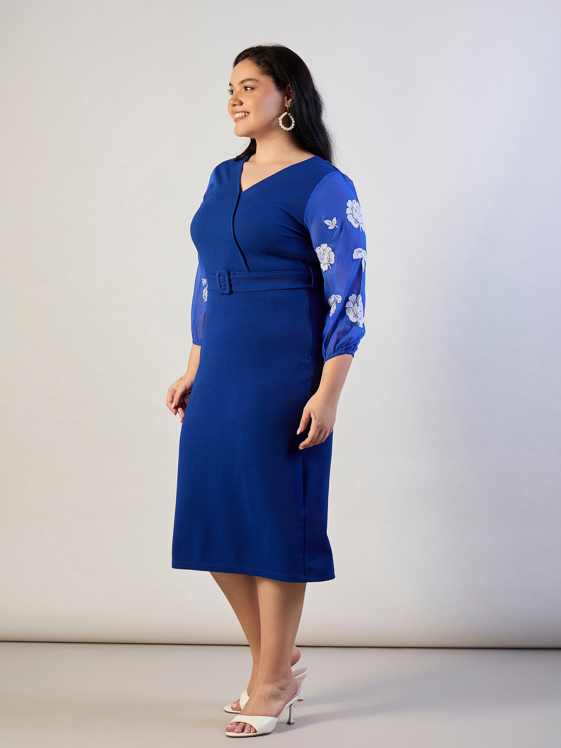 Royal Blue Balloon Sleeves Belted Bodycon Dress-SASSAFRAS CURVE
