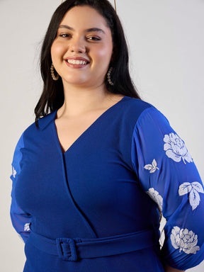 Royal Blue Balloon Sleeves Belted Bodycon Dress-SASSAFRAS CURVE