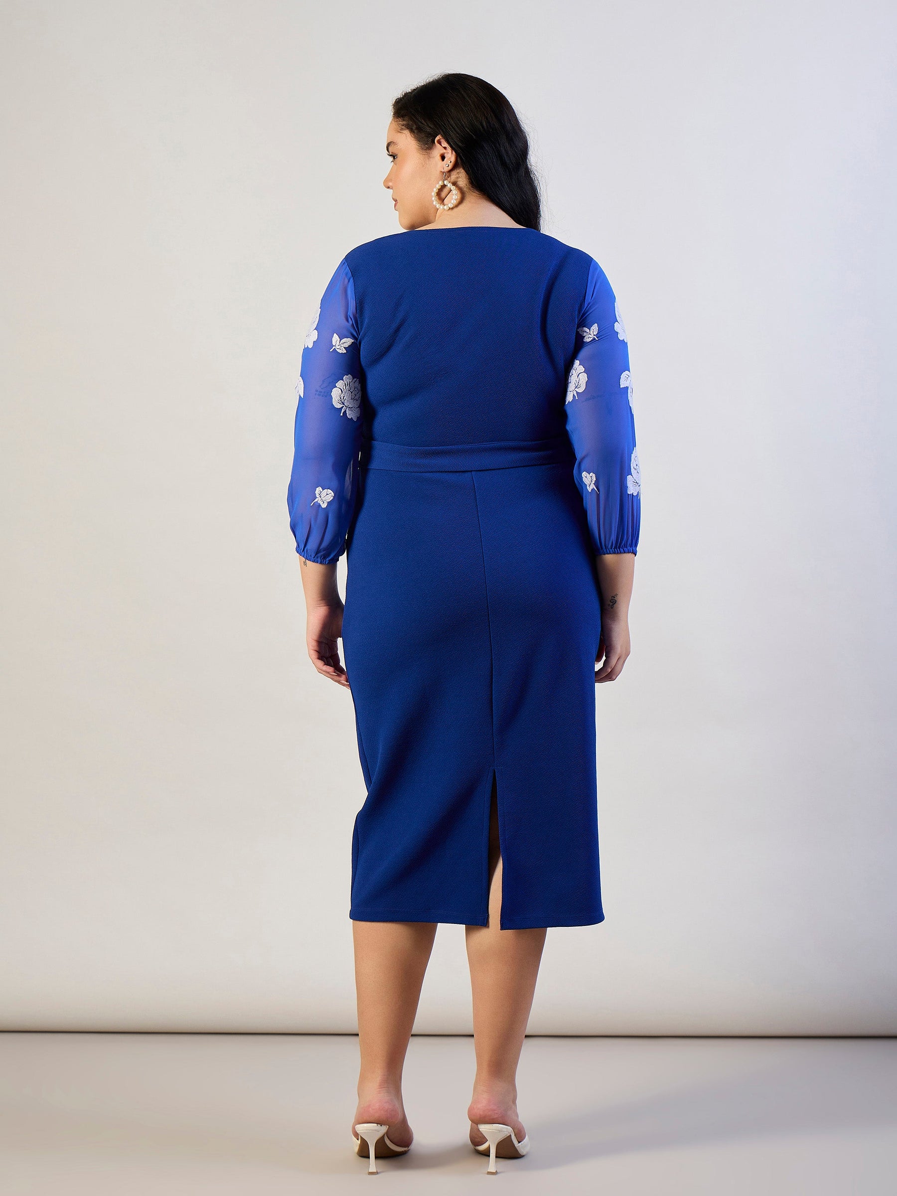 Royal Blue Balloon Sleeves Belted Bodycon Dress-SASSAFRAS CURVE