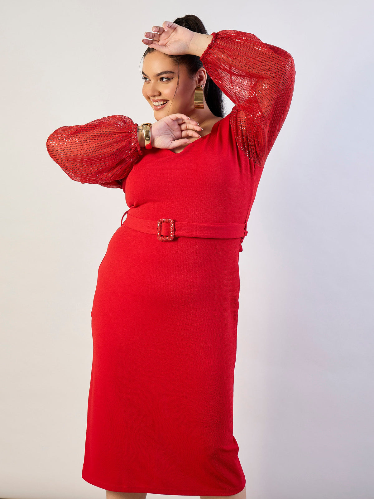Red Sequence Sleeves Detail Bodycon Dress-SASSAFRAS CURVE