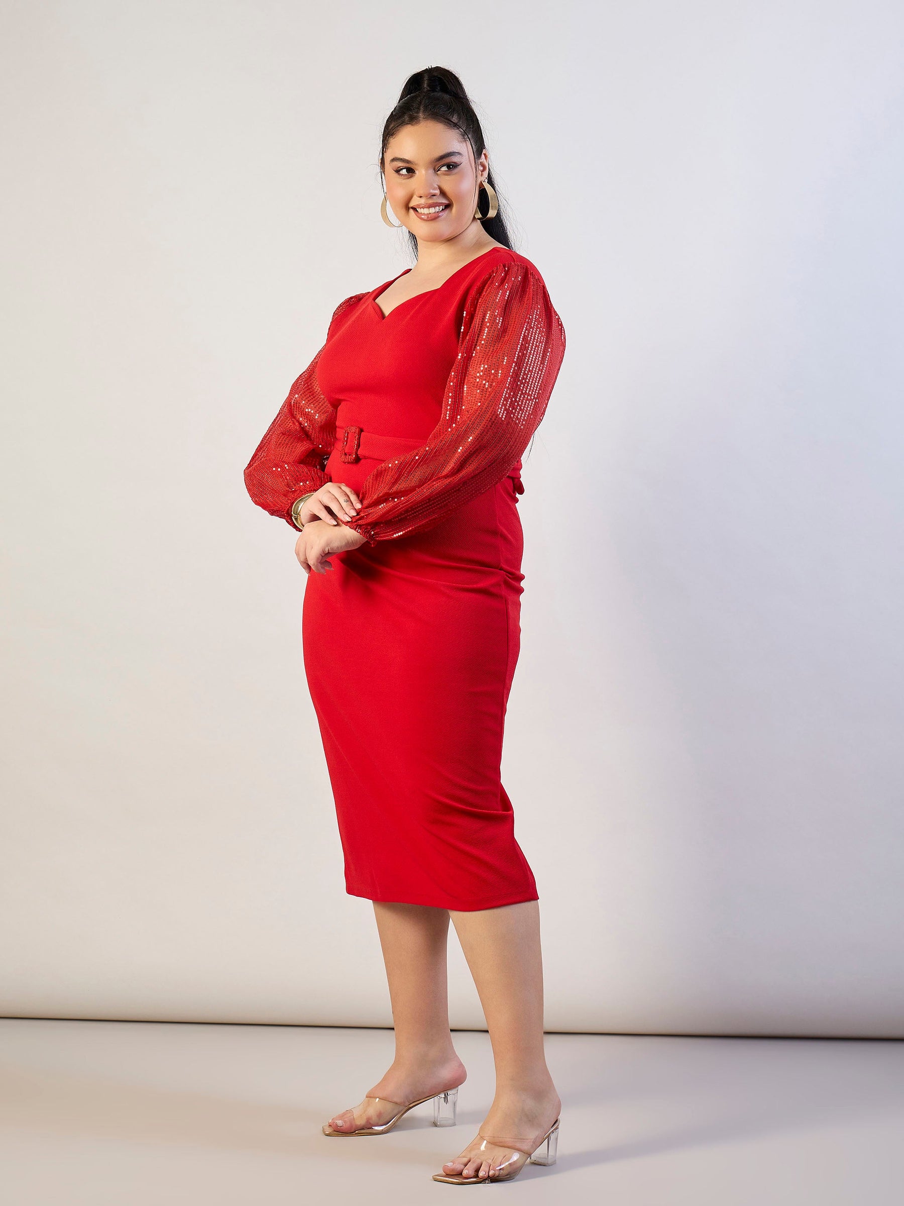 Red Sequence Sleeves Detail Bodycon Dress-SASSAFRAS CURVE
