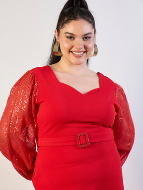 Red Sequence Sleeves Detail Bodycon Dress-SASSAFRAS CURVE