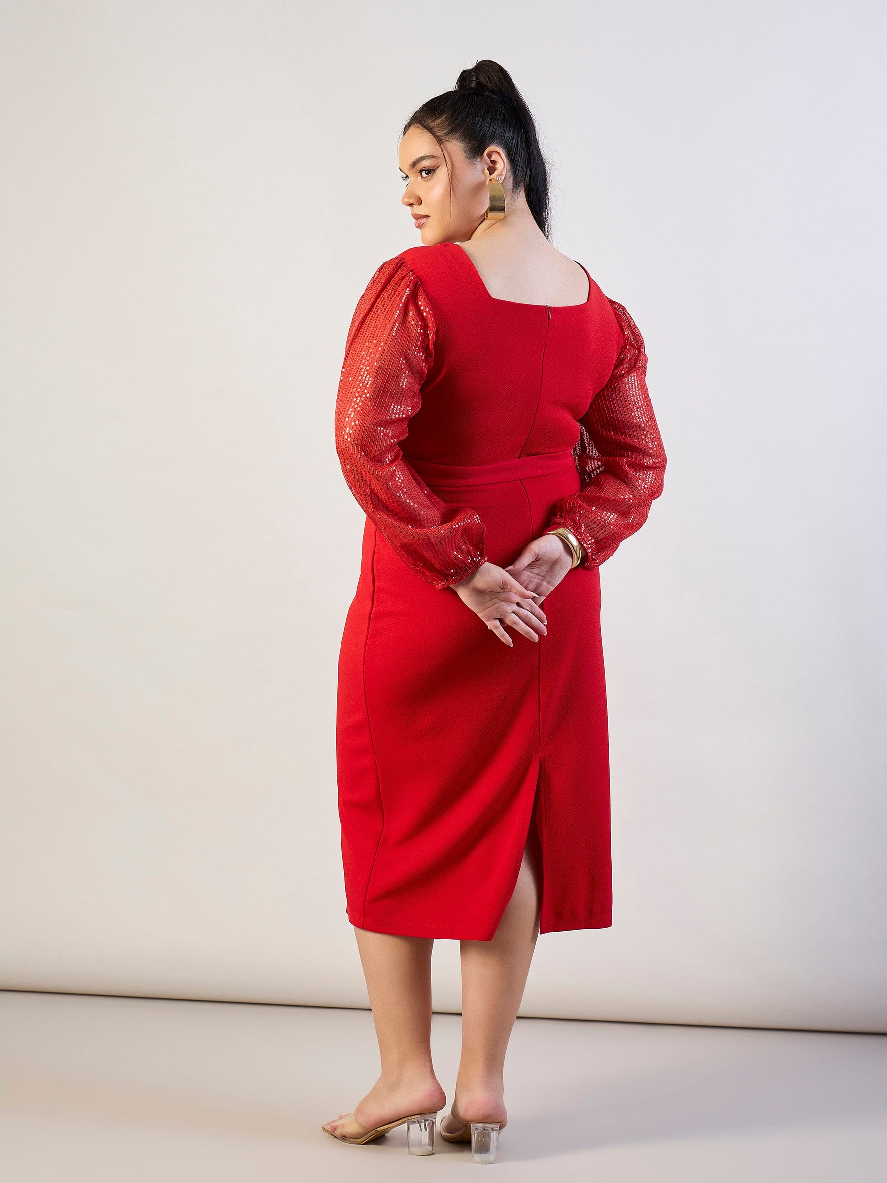 Red Sequence Sleeves Detail Bodycon Dress-SASSAFRAS CURVE