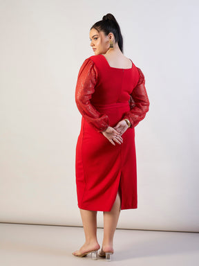 Red Sequence Sleeves Detail Bodycon Dress-SASSAFRAS CURVE