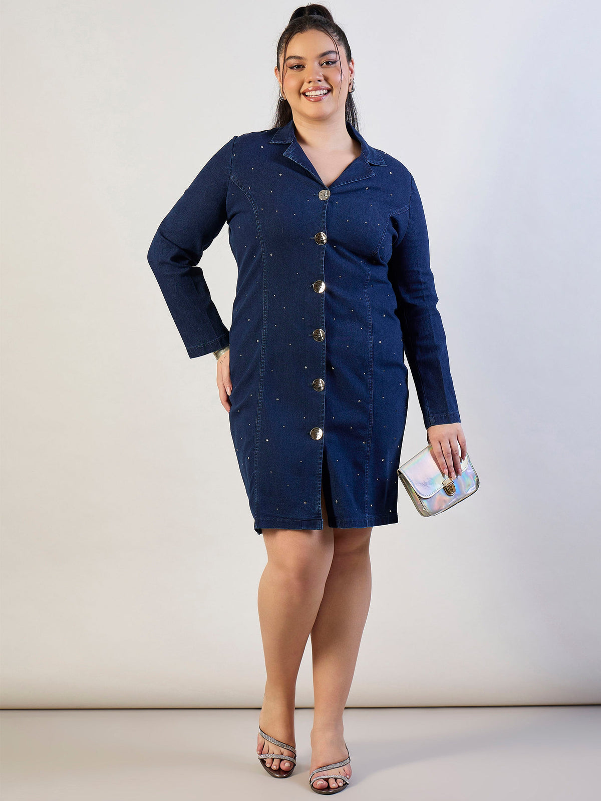 Blue Blast Denim Short Blazer Dress-SASSAFRAS CURVE