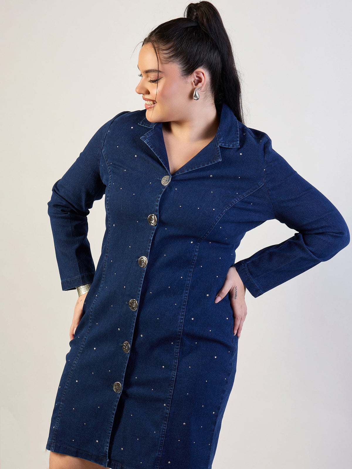 Blue Blast Denim Short Blazer Dress-SASSAFRAS CURVE