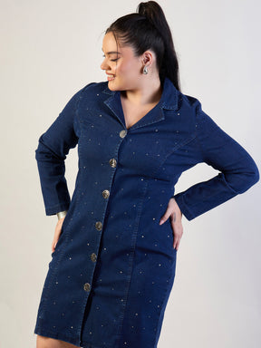 Blue Blast Denim Short Blazer Dress-SASSAFRAS CURVE