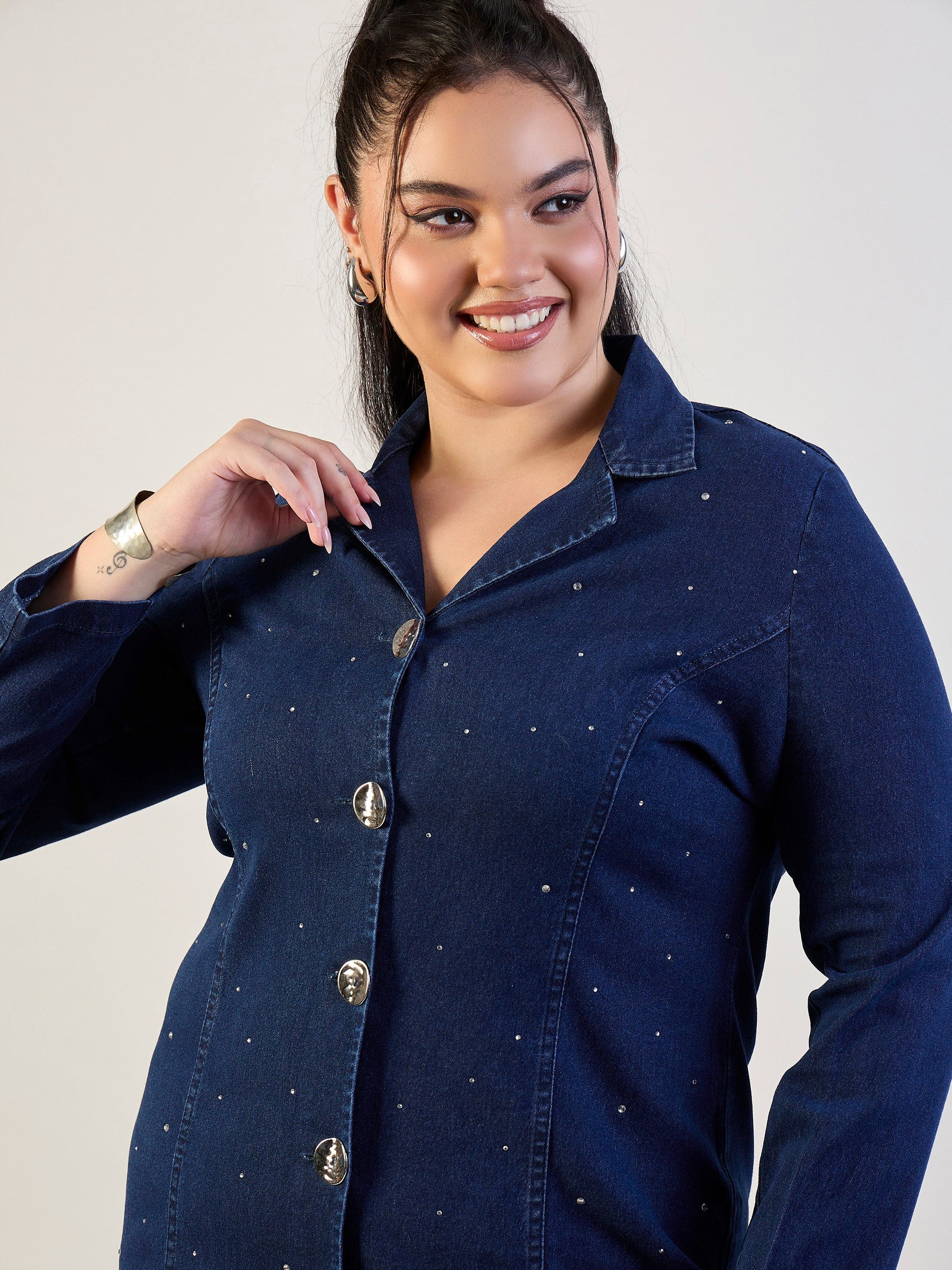 Blue Blast Denim Short Blazer Dress-SASSAFRAS CURVE