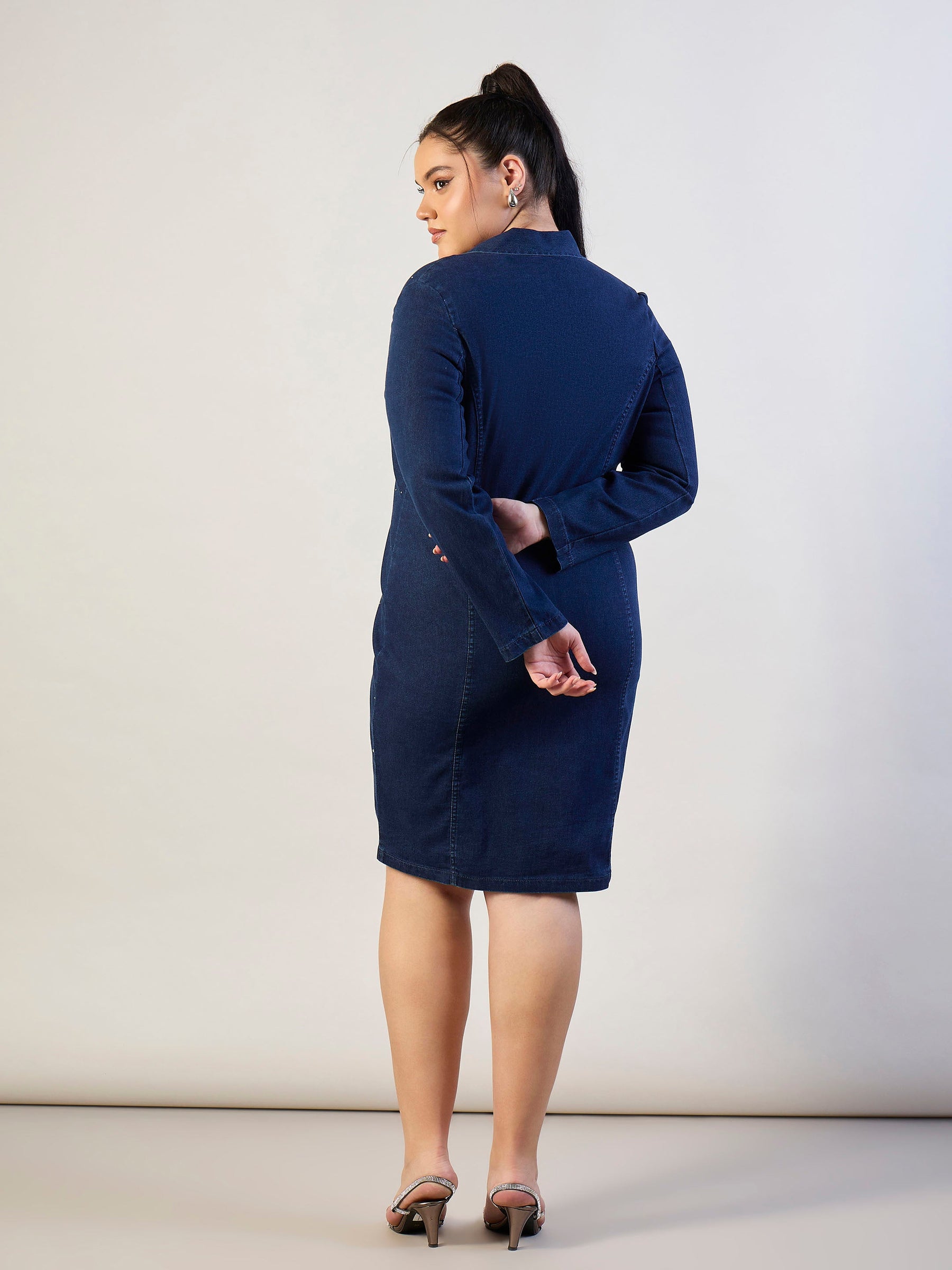 Blue Blast Denim Short Blazer Dress-SASSAFRAS CURVE