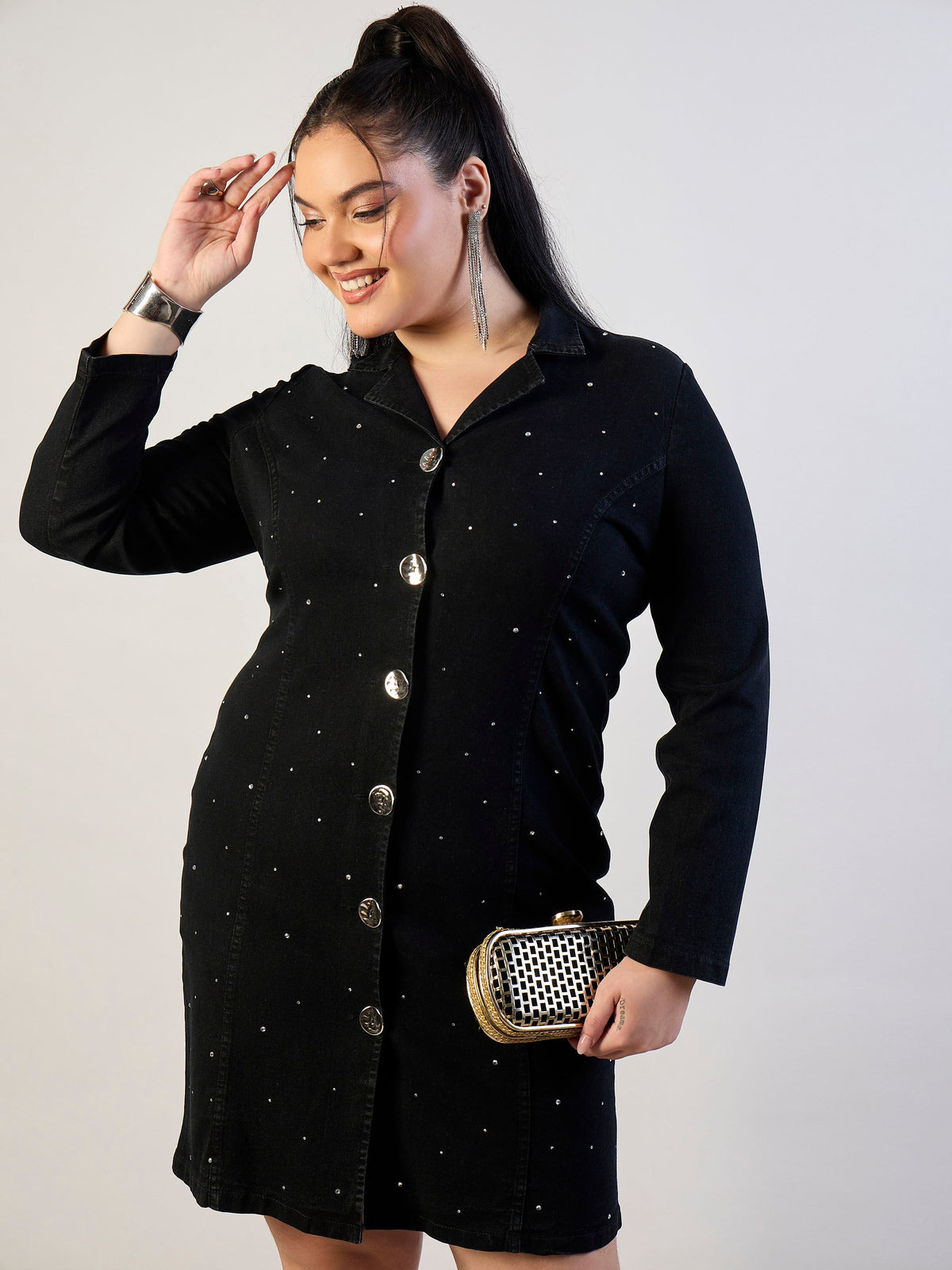 Jet Black Denim Short Blazer Dress-SASSAFRAS CURVE