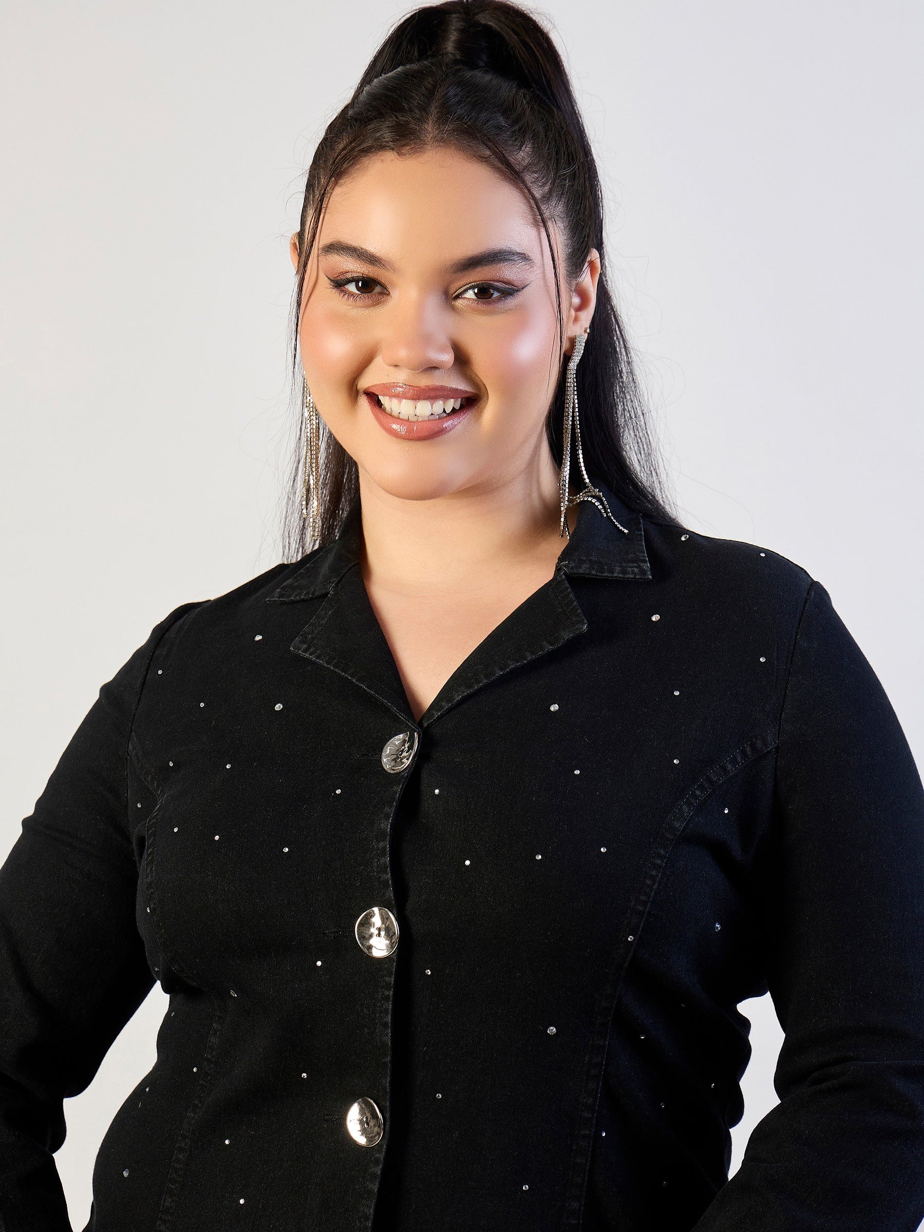 Jet Black Denim Short Blazer Dress-SASSAFRAS CURVE