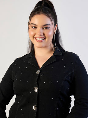 Jet Black Denim Short Blazer Dress-SASSAFRAS CURVE