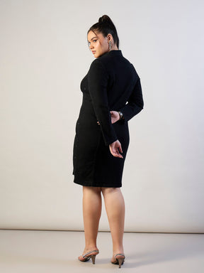 Jet Black Denim Short Blazer Dress-SASSAFRAS CURVE