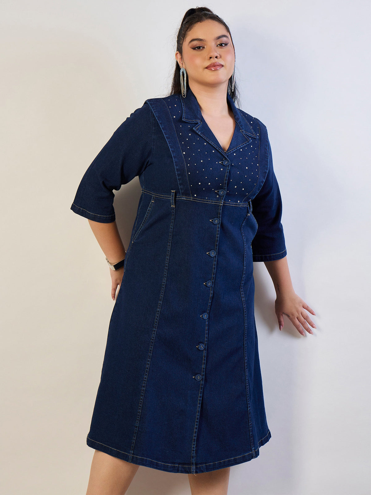 Navy Wash Denim A Line Midi Dress-SASSAFRAS CURVE