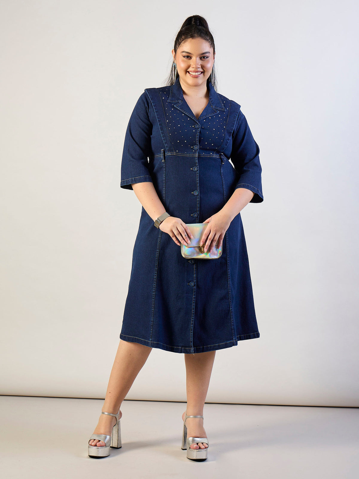 Navy Wash Denim A Line Midi Dress-SASSAFRAS CURVE