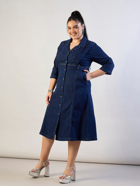 Navy Wash Denim A Line Midi Dress-SASSAFRAS CURVE
