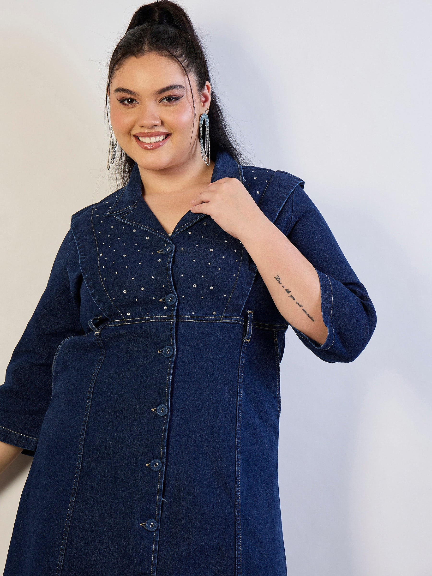 Navy Wash Denim A Line Midi Dress-SASSAFRAS CURVE