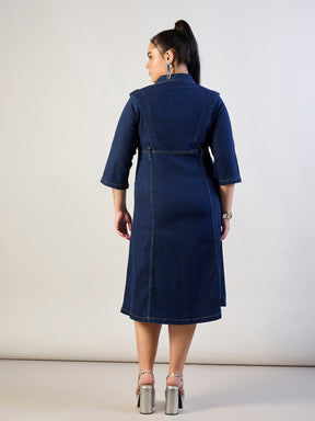 Navy Wash Denim A Line Midi Dress-SASSAFRAS CURVE