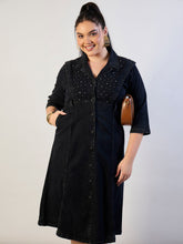 Black Wash Denim A Line Midi Dress-SASSAFRAS CURVE