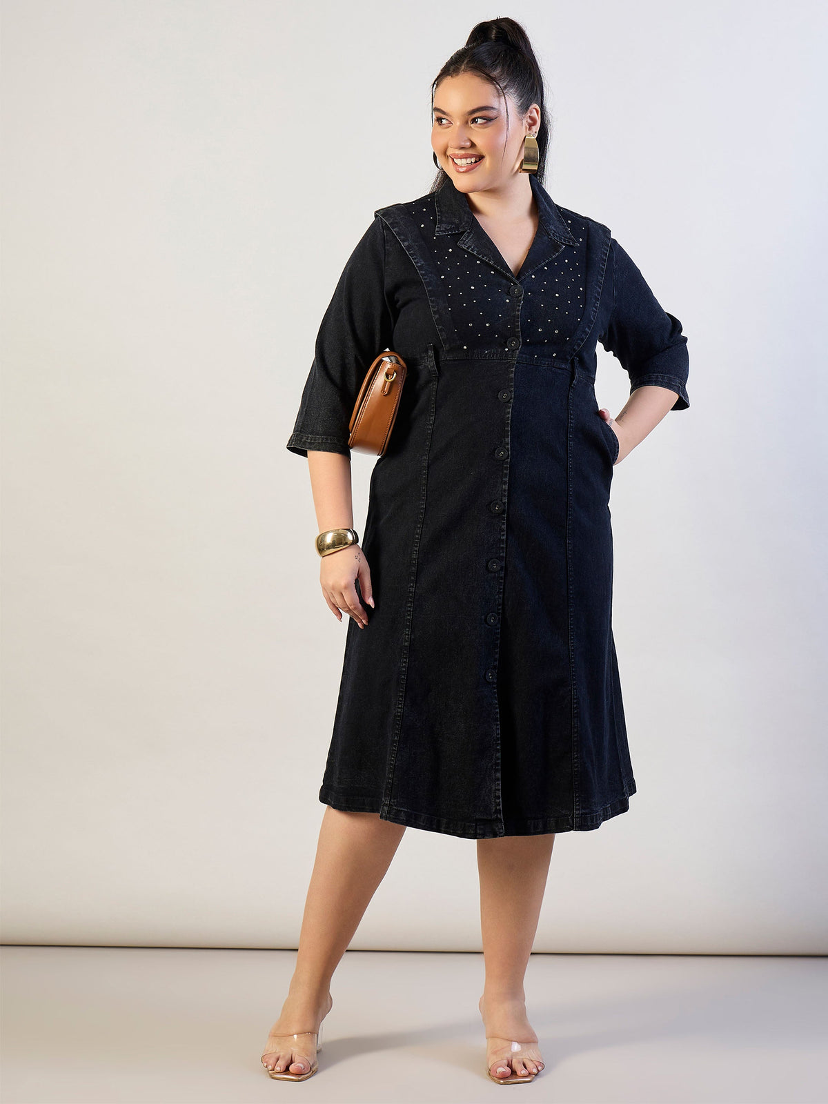 Black Wash Denim A Line Midi Dress-SASSAFRAS CURVE