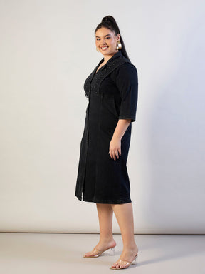 Black Wash Denim A Line Midi Dress-SASSAFRAS CURVE