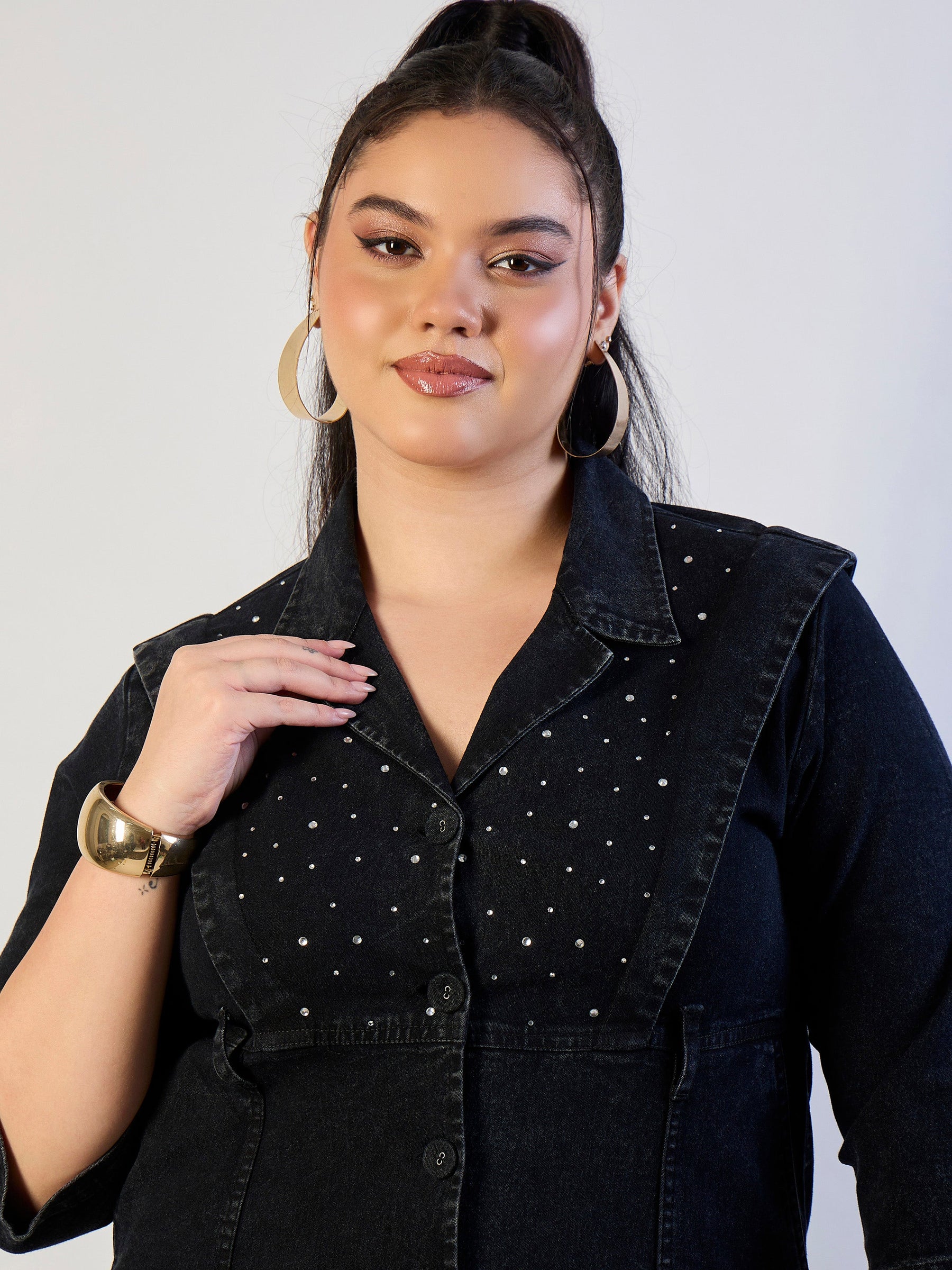 Black Wash Denim A Line Midi Dress-SASSAFRAS CURVE