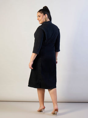 Black Wash Denim A Line Midi Dress-SASSAFRAS CURVE