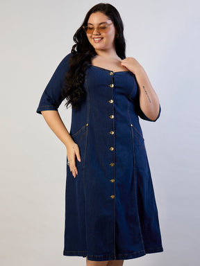Dark Navy Denim Front Button A Line Dress-SASSAFRAS CURVE