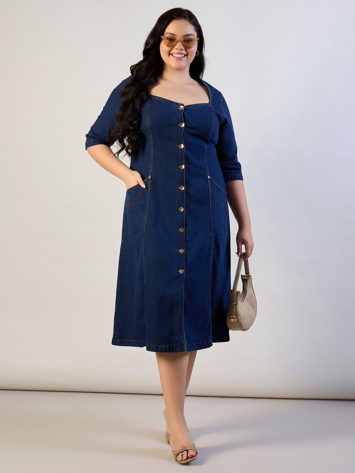 Dark Navy Denim Front Button A Line Dress-SASSAFRAS CURVE