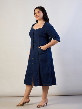 Dark Navy Denim Front Button A Line Dress-SASSAFRAS CURVE
