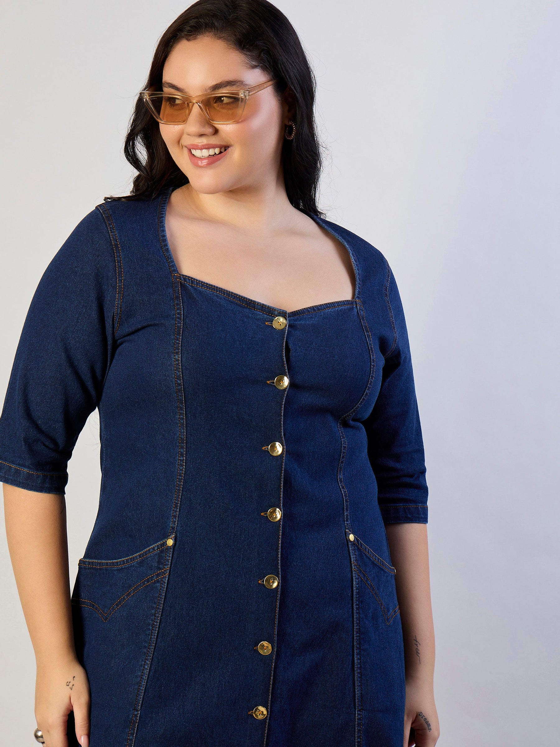 Dark Navy Denim Front Button A Line Dress-SASSAFRAS CURVE