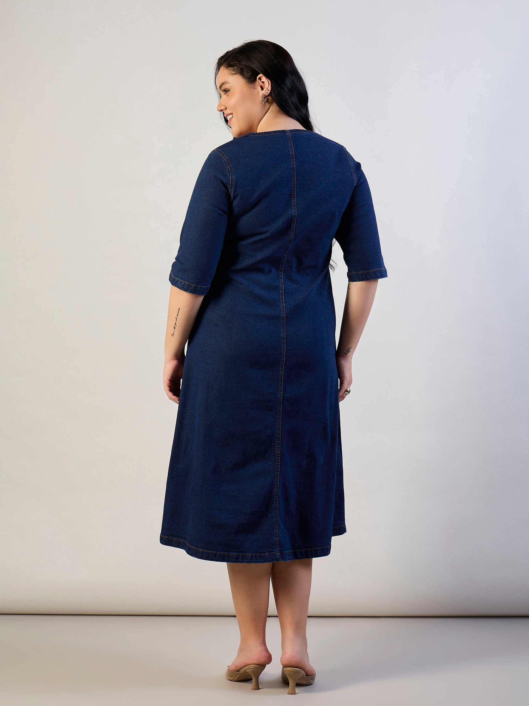 Dark Navy Denim Front Button A Line Dress-SASSAFRAS CURVE