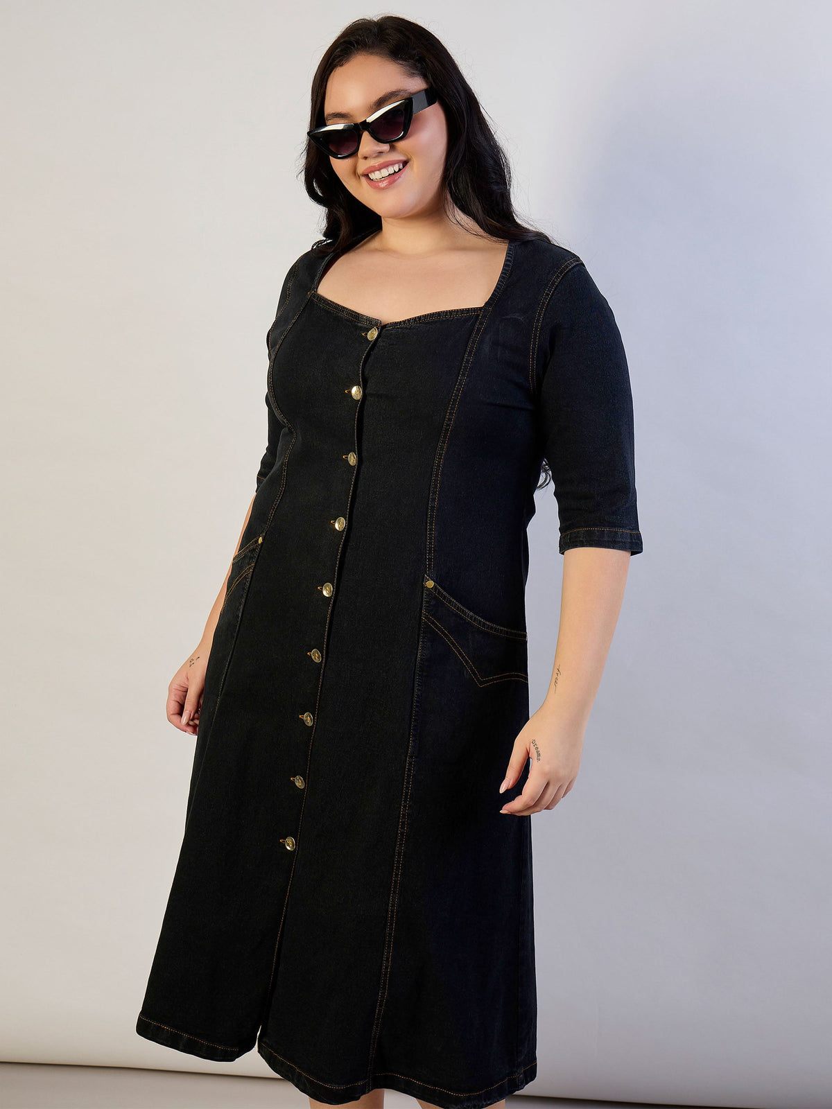 Black Denim Front Button A Line Dress-SASSAFRAS CURVE