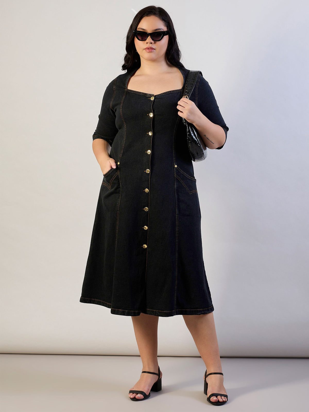Black Denim Front Button A Line Dress-SASSAFRAS CURVE
