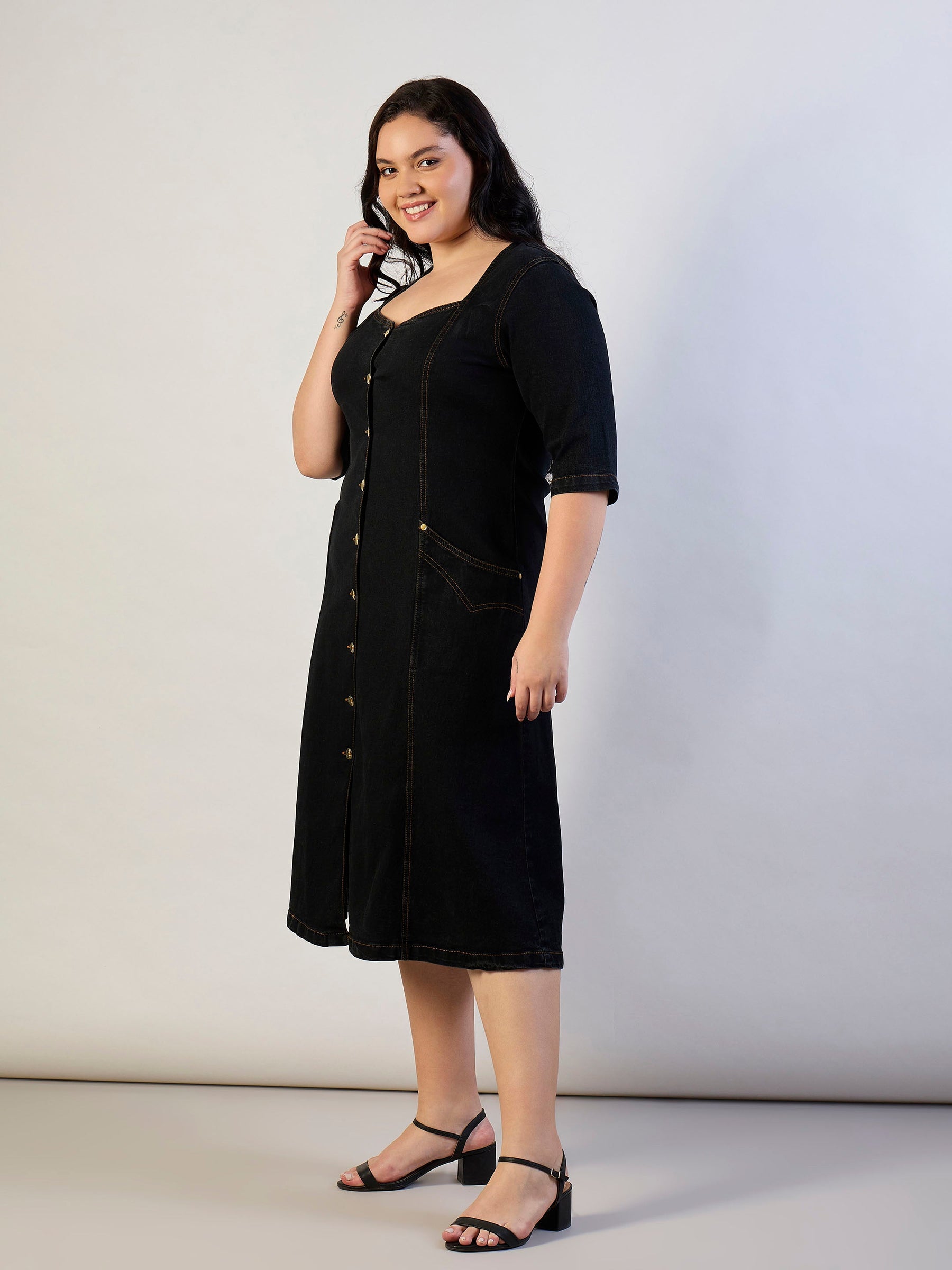 Black Denim Front Button A Line Dress-SASSAFRAS CURVE