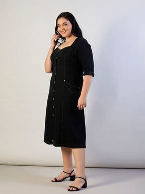 Black Denim Front Button A Line Dress-SASSAFRAS CURVE