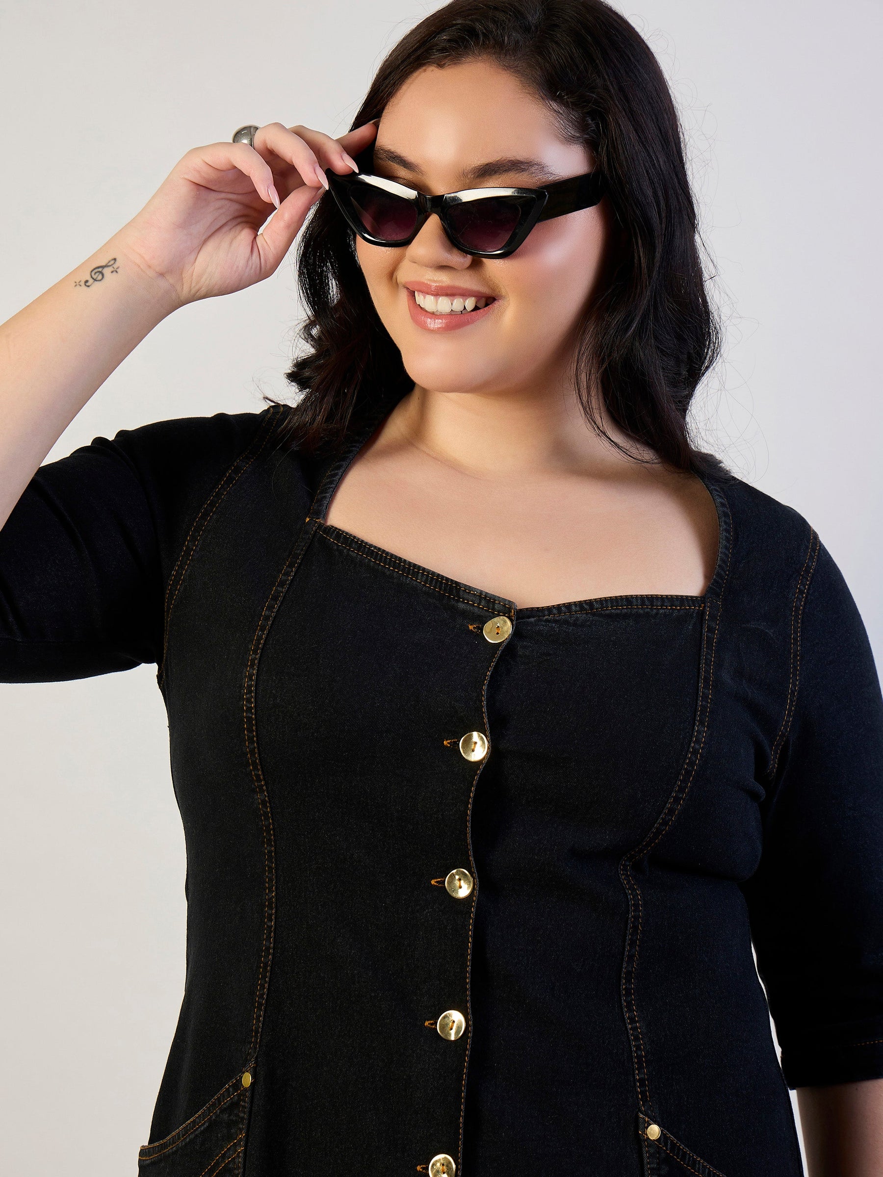 Black Denim Front Button A Line Dress-SASSAFRAS CURVE