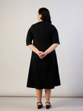 Black Denim Front Button A Line Dress-SASSAFRAS CURVE