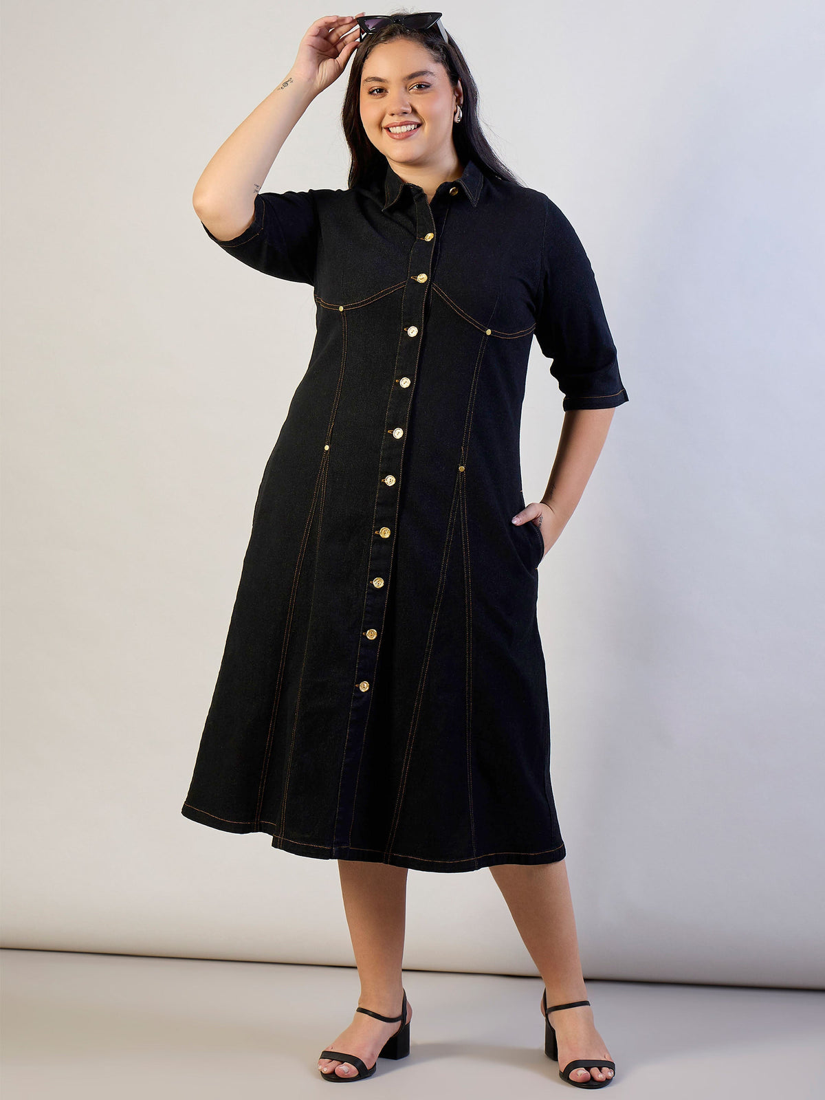 Jet Black Denim Button Down Midi Dress-SASSAFRAS CURVE