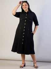 Jet Black Denim Button Down Midi Dress-SASSAFRAS CURVE